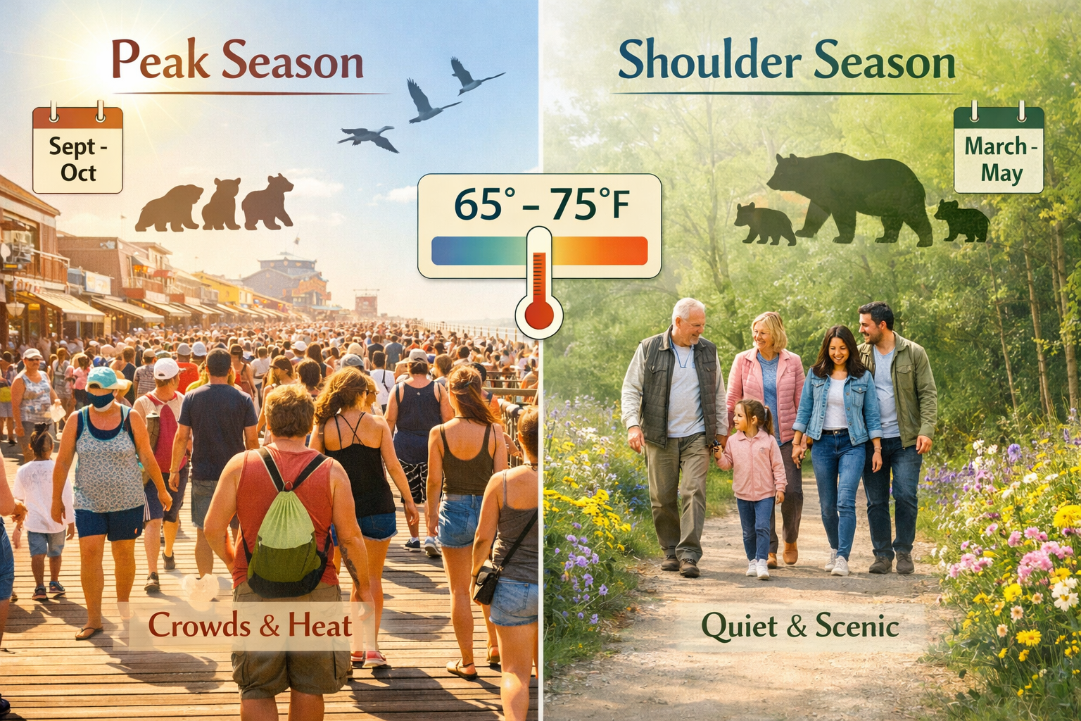 () editorial image showing shoulder season travel benefits split composition: left side depicts crowded summer boardwalk