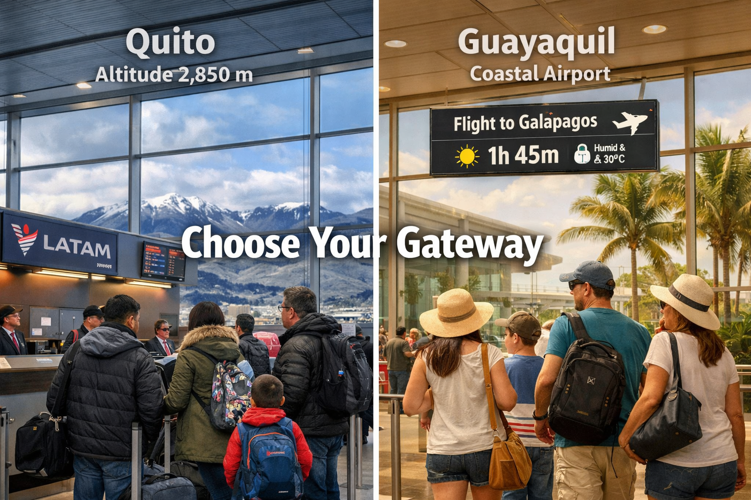 () editorial image showing split-screen comparison of Quito and Guayaquil airports. Left side: Quito's modern terminal with