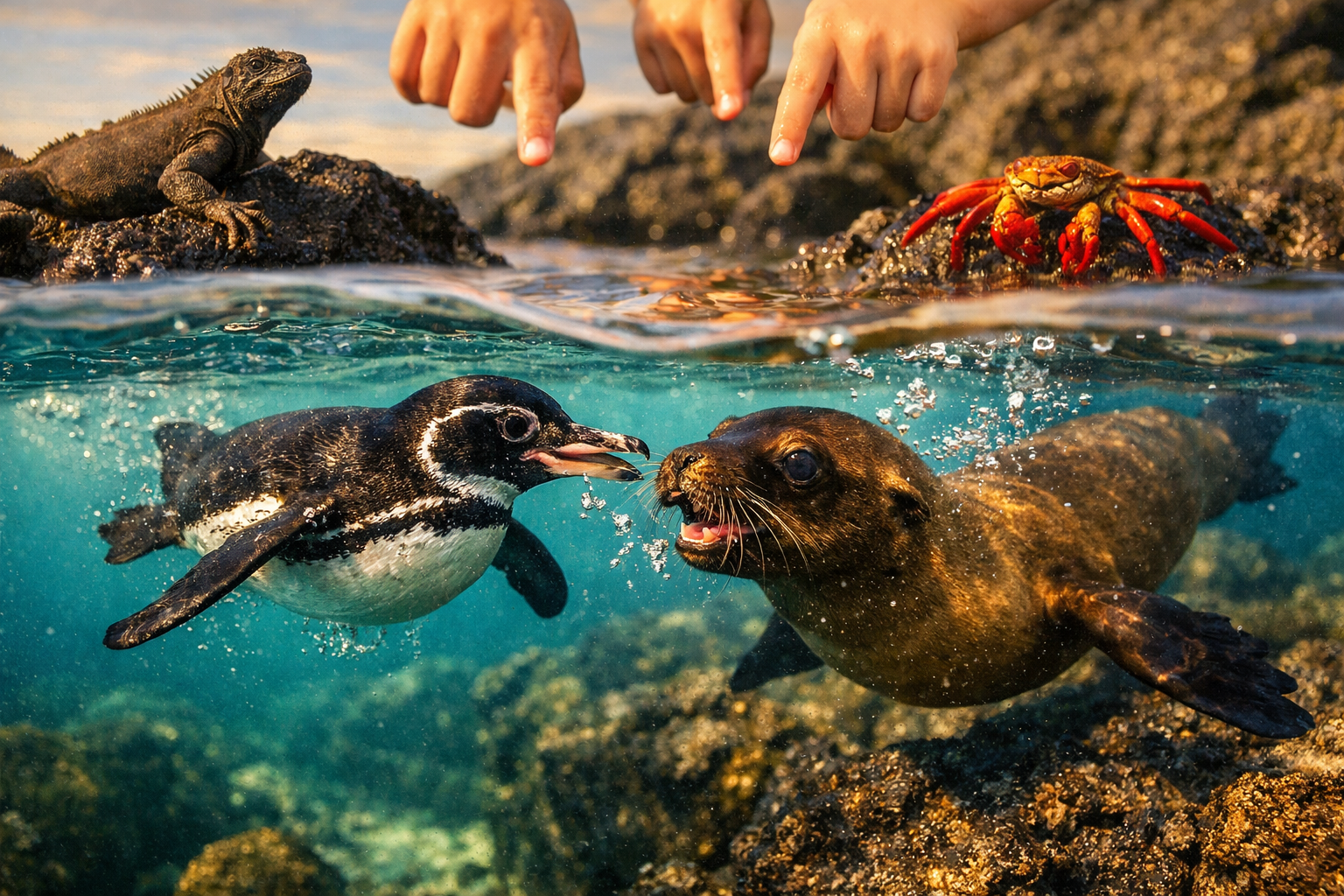 () close-up wildlife photography showing Galapagos penguin swimming underwater with playful sea lion pup, crystal clear