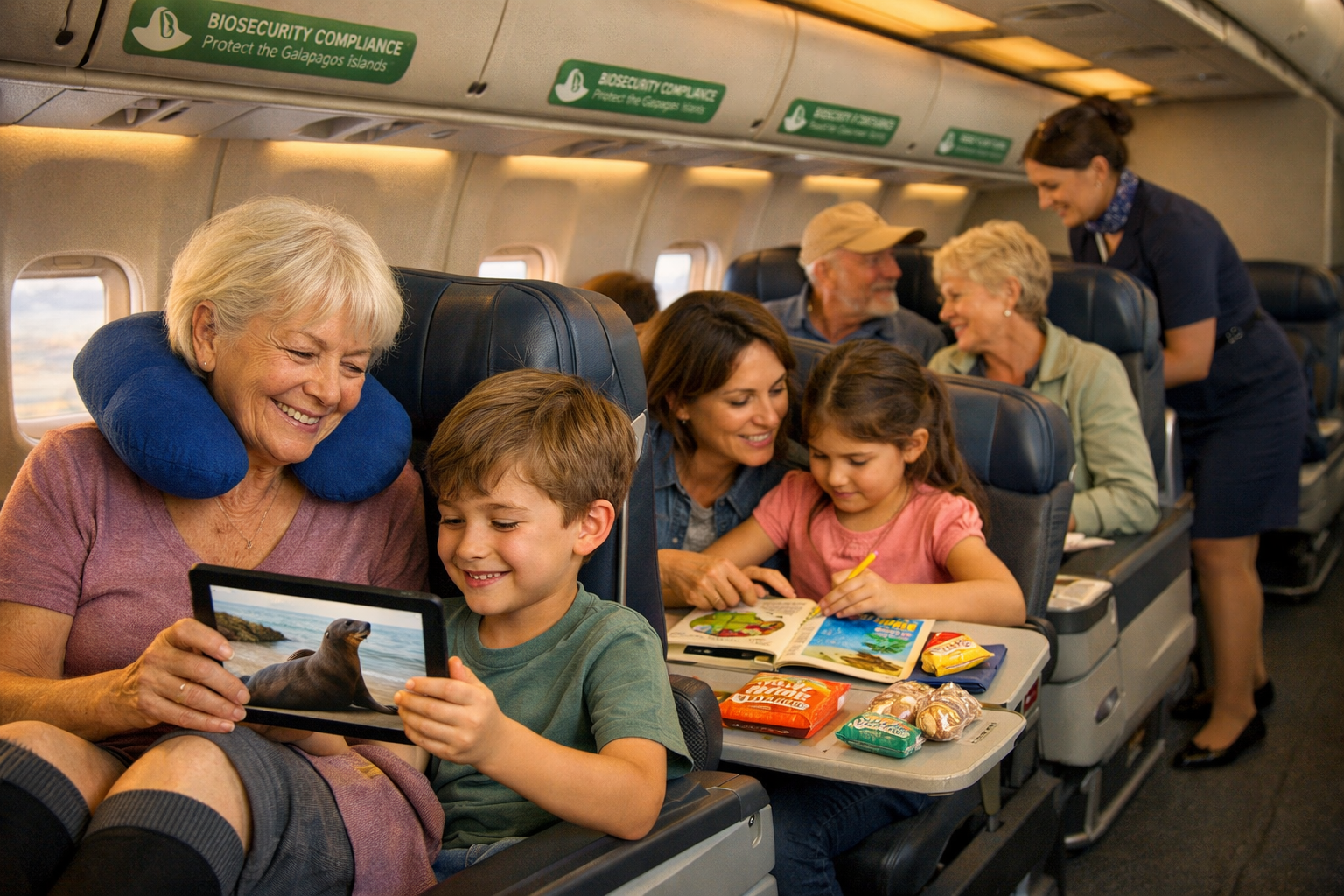 () warm, engaging scene inside Galapagos-bound aircraft cabin showing multigenerational family comfort strategies.